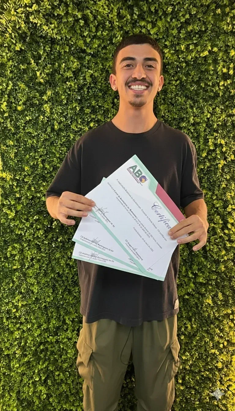Aluno do Curso ASB segurando os certificados diante de uma parede de folhagem
