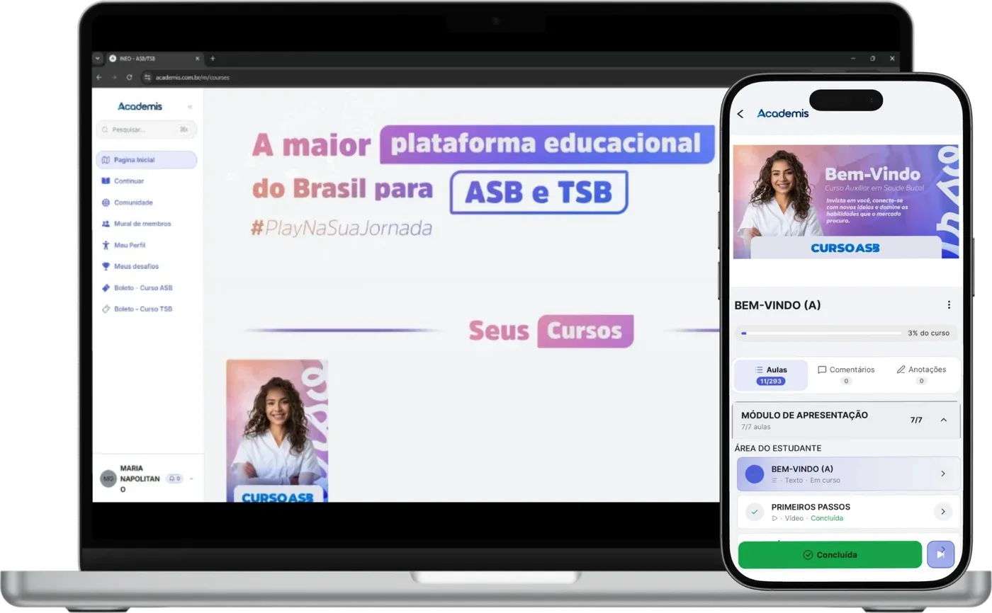 A plataforma de estudo do Curso ASB aberta no notebook e no celular, com a lista de aulas e o progresso do curso